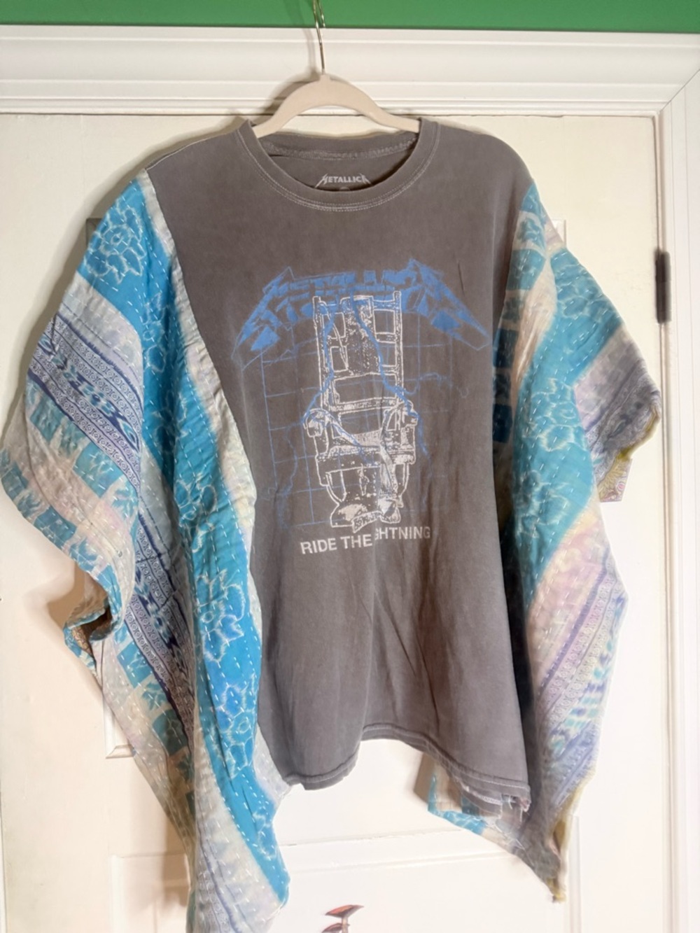 Metallica "Ride the Lightning" Graphic Tee with Blue Patchwork Kimono Overlay